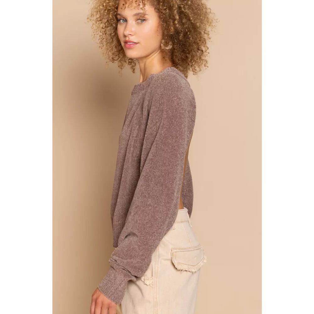 POL Round Neck Backless Sweater with Ribbed Edge - Picture 2 of 5